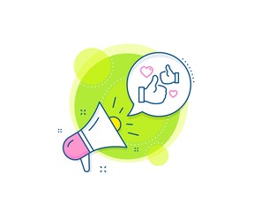Thumbs up with heart sign. Megaphone promotion complex icon. Like line icon. Positive feedback, social media symbol. Business marketing banner. Like sign. Vector
