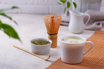 Green healthy matcha latte drink