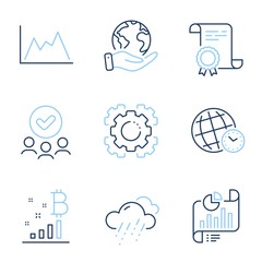 Time zone, Report document and Diagram line icons set. Diploma certificate, save planet, group of people. Seo gear, Bitcoin graph and Rainy weather signs. Vector