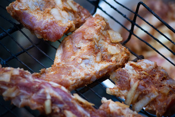 Meat on the grill close-up. Cooking meat in nature..