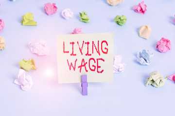 Word writing text Living Wage. Business photo showcasing wage that is high enough to maintain a normal standard of living Colored crumpled papers empty reminder blue floor background clothespin