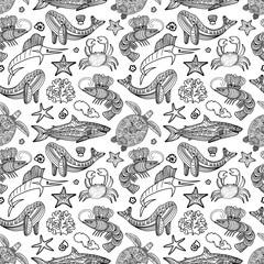 Seamless pattern with ocean animals and seaweed in doodle style isolated on white background. Vector outline illustration.
