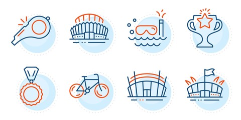 Fototapeta na wymiar Victory, Scuba diving and Medal signs. Arena stadium, Arena and Sports stadium line icons set. Whistle, Bicycle symbols. Sport complex, Championship prize. Sports set. Outline icons set. Vector