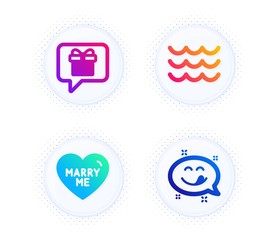 Wish list, Marry me and Waves icons simple set. Button with halftone dots. Yummy smile sign. Present box, Wedding, Water wave. Emoticon. Holidays set. Gradient flat wish list icon. Vector