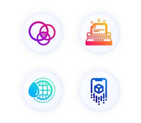 World water, Euler diagram and Typewriter icons simple set. Button with halftone dots. Augmented reality sign. Aqua drop, Relationships chart, Instruction. Phone simulation. Business set. Vector