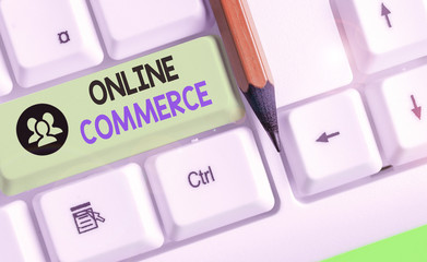 Conceptual hand writing showing Online Commerce. Concept meaning activity of buying or selling of...