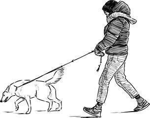 Sketch of teenager with his dog going for a walk