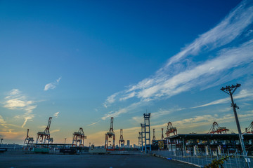 Fototapeta premium 横浜港のクレーン群と夕景
