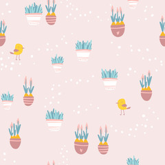 Spring seamless pattern with bird and pots of flowers in simple cartoon hand-drawn style. Vector childish stock illustration in pastel palette