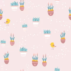 Tapeten Frühlingsnahtloses Muster mit Vogel und Blumentöpfen im einfachen handgezeichneten Cartoon-Stil. Vektor kindische Lagerillustration in der Pastellpalette © Світлана Харчук