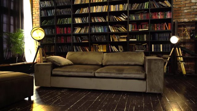 luxury suede sofa against the background of bookshelves in the loft