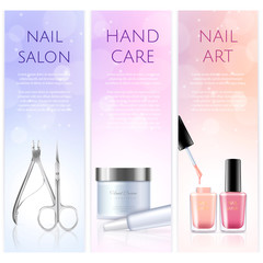 Vertical beauty banners of pedicure and manicure salon elements. Colorful realistic vector illustration  - obrazy, fototapety, plakaty