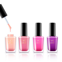 Vector illustration set of a color nail polish. Isolated realistic glass bottles on white background