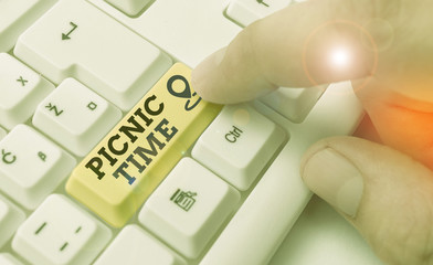 Conceptual hand writing showing Picnic Time. Concept meaning period where meal taken outdoors as...