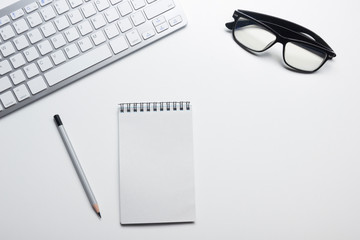 Office desk table with supplies. Flat lay Business workplace and objects. Top view. Copy space for text