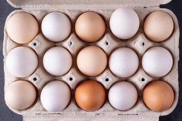 Tray with chicken eggs close-up. Top view.