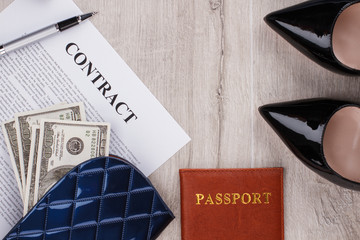 Contract, pen and wallet with american dollars. Businesswoman on the way to promotion. Business...