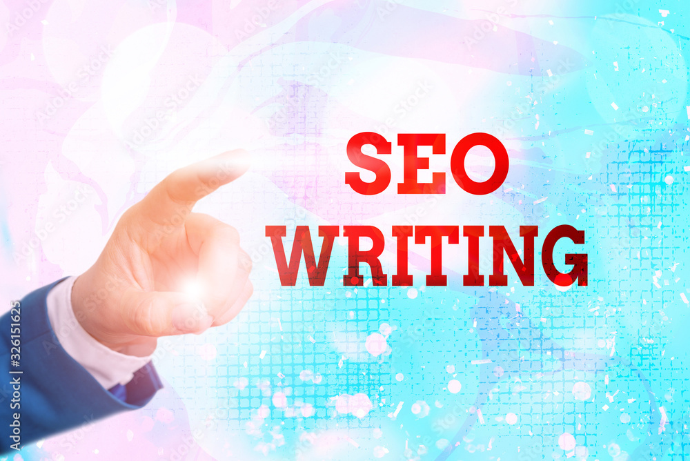 Poster writing note showing seo writing. business concept for grabbing the attention of the search engines 