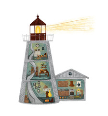 Lighthouse on white isolated background. Lighthouse-house, lighthouse-hotel, rooms inside the lighthouse. Hand-drawn illustration