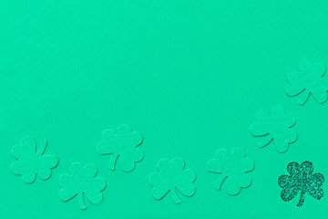 St Patrick's day background with shamrock clover leaf, Irish festival symbol, selective focus
