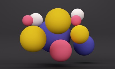 Abstract composition with colored flying spheres on a black background. 3d rendering
