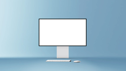 New desktop computer pro display with keyboard and mouse on background. Blank flat monitor screen. Modern creative workspace background. Computer front view 3d illustration.