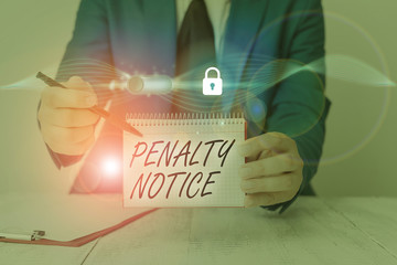 Handwriting text writing Penalty Notice. Conceptual photo the immediate fine given to showing for...