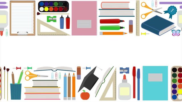 Back to school, day of knowledge, teacher's day. Seamless border with moving school supplies. Video advertising, school stationery sale. Web banner, education concept. Endless School Screensaver