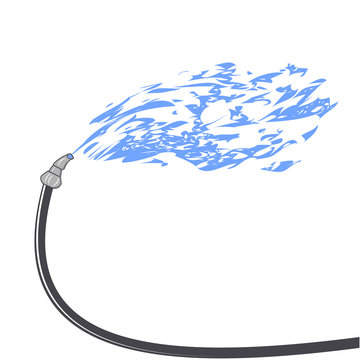 Water hose - black irrigation hose with pouring water - isolated on white background - vector. Watering the plot. Car wash.