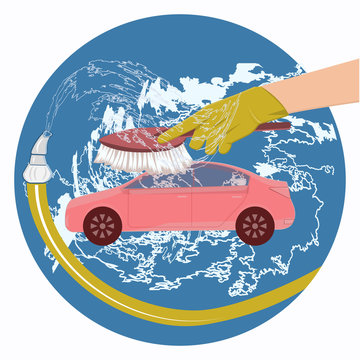 Service car wash. A hand in a rubber glove washes a car - round icon - isolated on white background - vector.