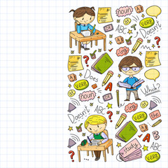 Fototapeta na wymiar English school for children. Learn language. Education vector illustration. Kids drawing doodle style image.