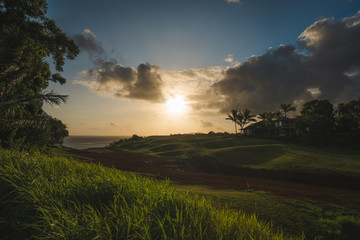 Naklejka na ściany i meble sunrise over green field in Kauai, Hawaii