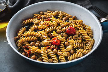 Vegan pasta with vegetables and chickpeas