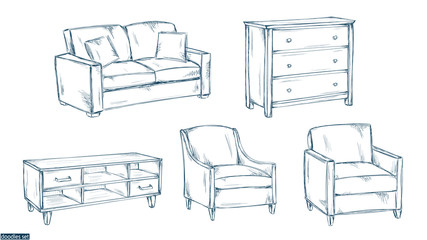 Furniture sketch. Interior design set. Sofa. Armchair. Сhest of drawer. Home. Room interior. House decor. Living room. Apartment.