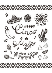 Mexico. Mexican holiday. Happy Cinco de Mayo Vector Greeting Card with Hand drawn doodle Sombrero, Cactus, Maracas, Sun, Pepper Chili, Nachos, Firework, Bunting Flags.