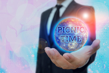 Conceptual hand writing showing Picnic Time. Concept meaning period where meal taken outdoors as...