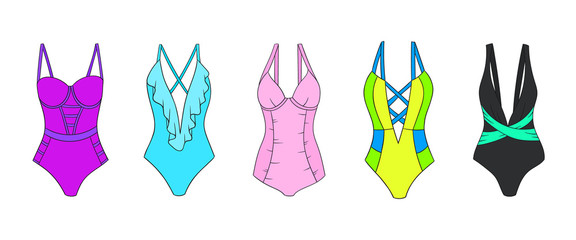 Swimming suits set. Doodle bikini. One piece swimsuits collection. Ladies clothes for summer vacation. Bikini sketch. Swimwear fashion.