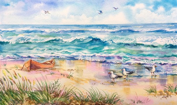 Watercolor Baltic sea view. Sandy beach, blue sky, seagulls, nature backgrounds. Dune grasses on the gold beach. Horizontal view, copy-space. Template for designs, card, posters.