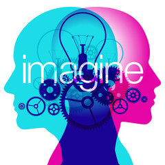 A male and female side silhouette positioned back to back, overlaid with various semi-transparent light bulbs and gears shapes. The word "imagine" is placed across the centre.