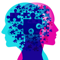 A male and female side silhouette positioned back to back, overlaid with various semi-transparent Jigsaw puzzle piece shapes. Each seperate Puzzle piece represents each individual thoughts.