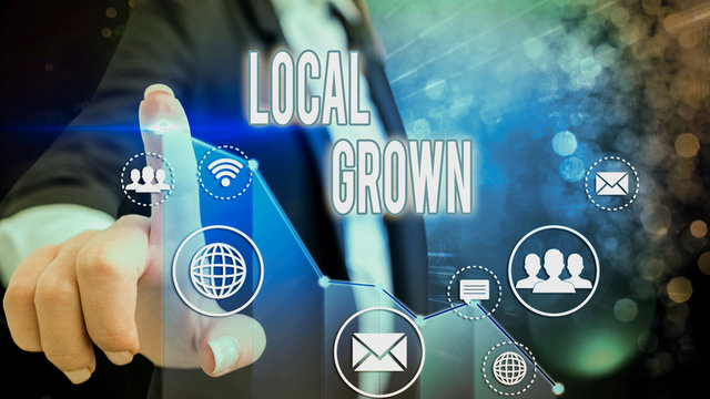 Conceptual hand writing showing Local Grown. Concept meaning agricultural products produced then sold within a certain area