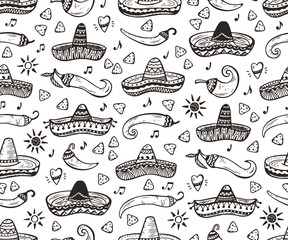 Mexican Seamless patterns. Mexico Vector background. Hand drawn doodle Mexican Sombrero, Sun, Pepper Chili, Nachos