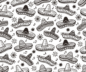 Mexican Seamless patterns. Mexico Vector background. Hand drawn doodle Mexican Sombrero, Sun, Musical notes
