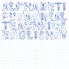 Animal alphabet. Zoo alphabet. Letters from A to Z. Cartoon cute animals. Elephant, dog, flamingo, giraffe, horse, alligator, bear, cat.