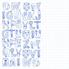 Animal alphabet. Zoo alphabet. Letters from A to Z. Cartoon cute animals. Elephant, dog, flamingo, giraffe, horse, alligator, bear, cat.