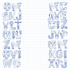 Animal alphabet. Zoo alphabet. Letters from A to Z. Cartoon cute animals. Elephant, dog, flamingo, giraffe, horse, alligator, bear, cat.