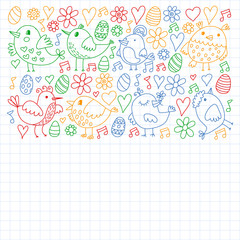 Pattern kids fabric, textile, nursery wallpaper. Vector illustration. Hand drawn singing birds and flowers for little children.