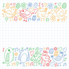 Pattern kids fabric, textile, nursery wallpaper. Vector illustration. Hand drawn singing birds and flowers for little children.