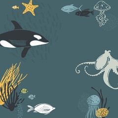 Obraz premium Underwater world. Vector background with hand deawn fish and octopus.