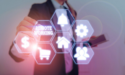 Word writing text Remote Working. Business photo showcasing situation in which an employee works...